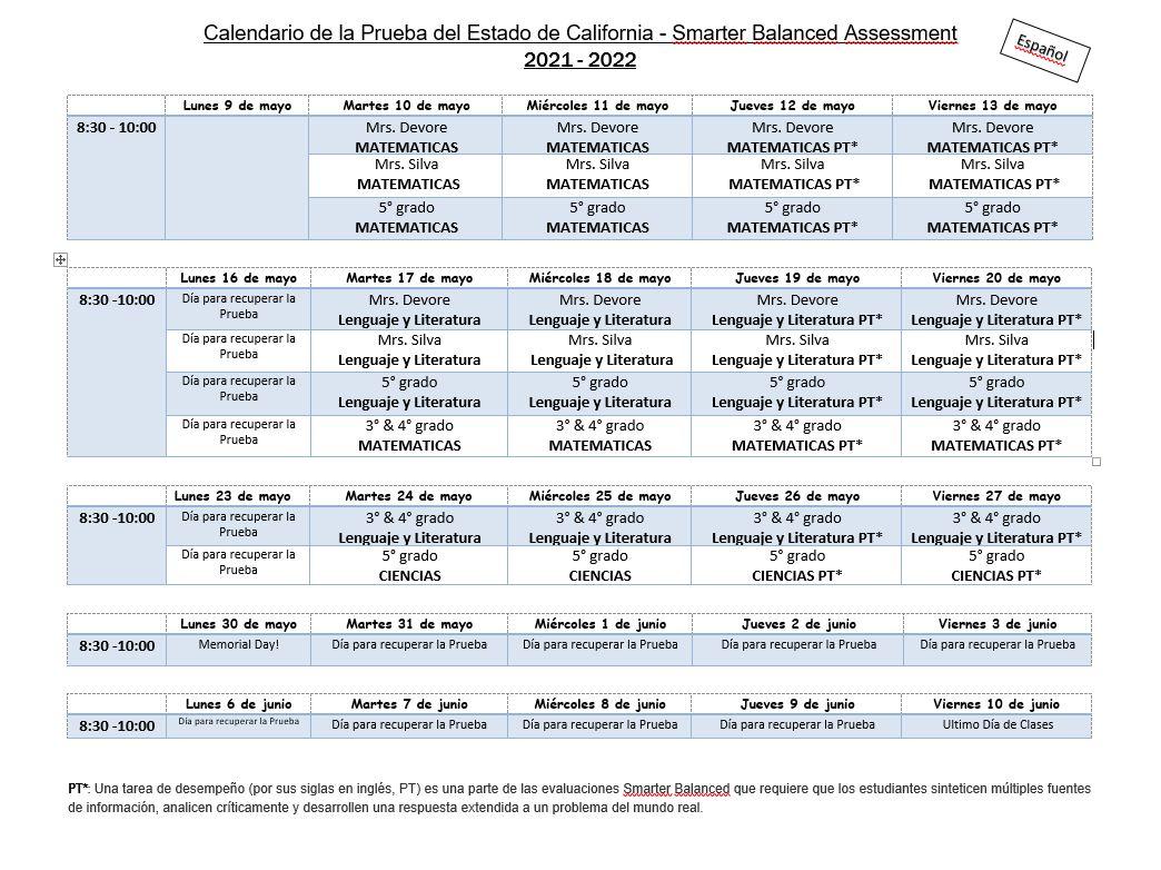 SBAC Schedule Spanish
